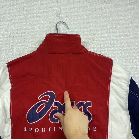 VTG Asics Sporting Gear Windbreaker Jacket Red / Blue Full Zip Men M Back Print - Picture 11 of 12